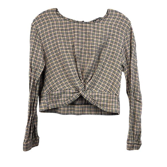 Bershka Women’s Cropped Twisted Hem Checkered Top Long Sleeve Size Medium - Picture 1 of 8